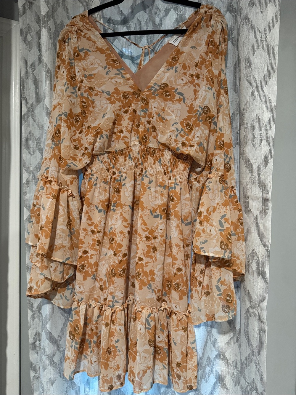 First Love Beige and Mustard Floral V-Neck Tiered Dress